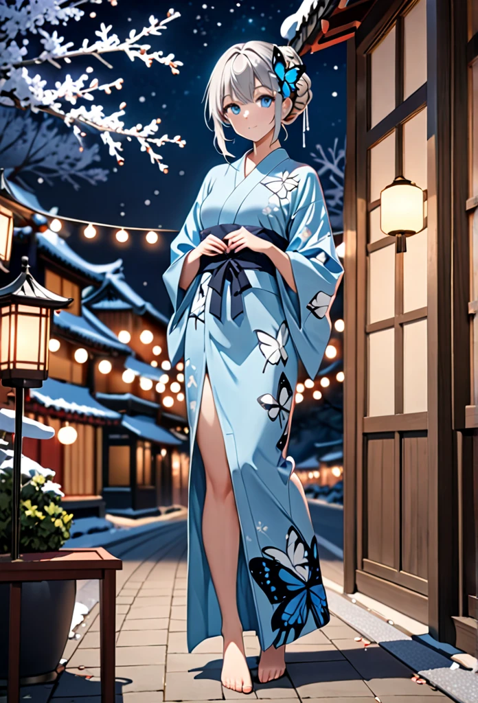 High resolution, masterpiece, accurate, Anatomically correct, Winner of numerous awards, Highest quality, High-resolution model, 
One girl, solo, 
Silver Hair，Braided bun hair, 
Ice Blue Eyes, Butterfly hair accessory, slender yukata, Festive night background full body