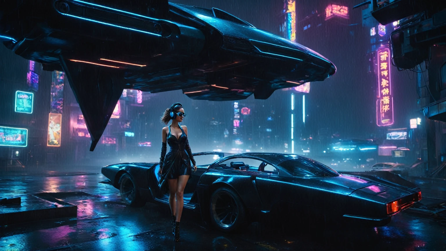 (aerial view, a flying cars docking platform, a very dark abandoned futuristic city, neon lights), rainy night. (((1girl, solo, alone))), large-breast:1.2 slim body, cleavage:1.1, sexy wind blowing wet dress:1.4, (((headphone, black sunglasses, standing and holding pistol:1.8, dynamic rushing pose))), (((((half-body thigh level medium shot))))), cinematic lighting, lens flare, ray tracing.
