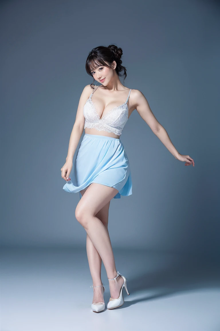 breast out, skirt lift, nfsw, Medium Size Display, Medium Shot, Written boundary depth, Photograph the whole body:1.5, Are standing、Movie angle, masterpiece, Highest quality, Very detailed, CG, 8k wallpaper, Beautiful Face, Delicate eyes, Otome, alone, smile, Light blue dress, bouquet、High heels、Action pose、Taekwondo stance