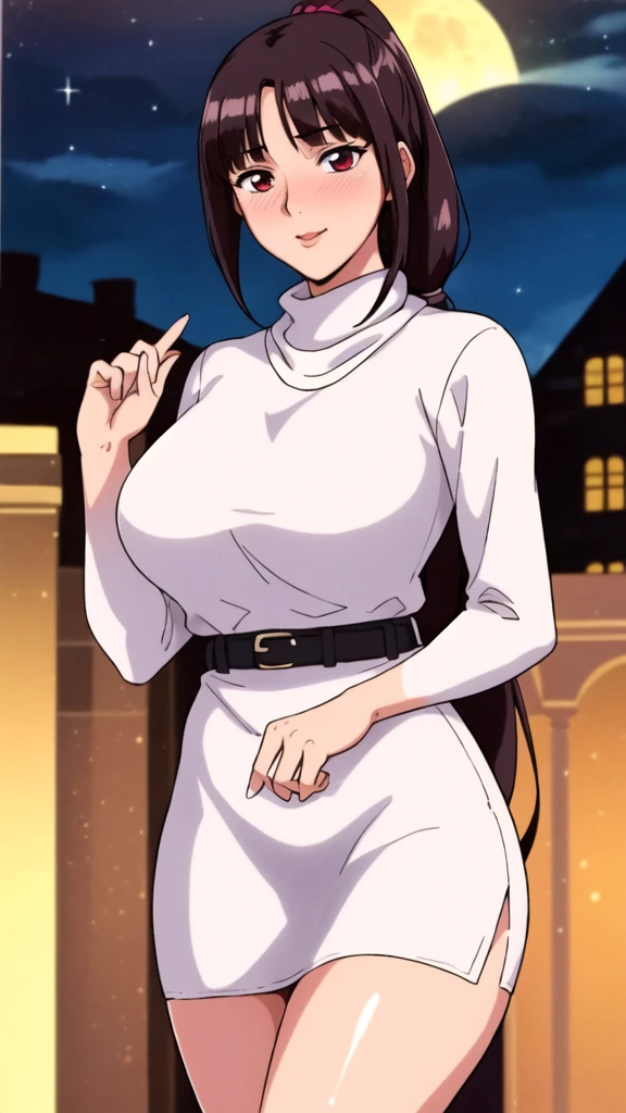 white turtleneck, black pencil shirt,black short skirt, belt,hair ornament, hair scrunchie,low ponytail, long hair, bangs, brunette, black hair, blunt bangs, big red eyes, alone, 1 girl, Young female, 18 years old, sexy gal, very cute, smile, Beautiful Finger,Beautiful long legs,Beautiful body,Beautiful Nose,Beautiful character design, perfect eyes, perfect face,expressive eyes, looking at viewer, in the center of the image,(light smile:0.5), official art, outdoor, portrait, perfect lighting,Colorful, Bright_Front_face_Lighting,shiny skin, (masterpiece:1.0),(best quality:1.0), ultra high res,4K,ultra-detailed, photography, 8K, HDR, highres, absurdres:1.2, Kodak portra 400, film grain, blurry background, bokeh:1.2, lens flare, (vibrant_color:1.2), (beautiful face), (slim body, curvy body), (ashamed, blushing), glossy lip rouge, glossy crimson rouge, (jealousy), SFW, seductive, charming,(attractive,enchanting,fascinating,captivating,bewitching,enthralling,entrancing,attractive,gripping,engrossing),airport,night,fullmoon,bluemoon,(flush, blush, flushing, suffusion),(perplexity; aporioneurosis; quandary; bewilderment; embarrassment),dallying,
