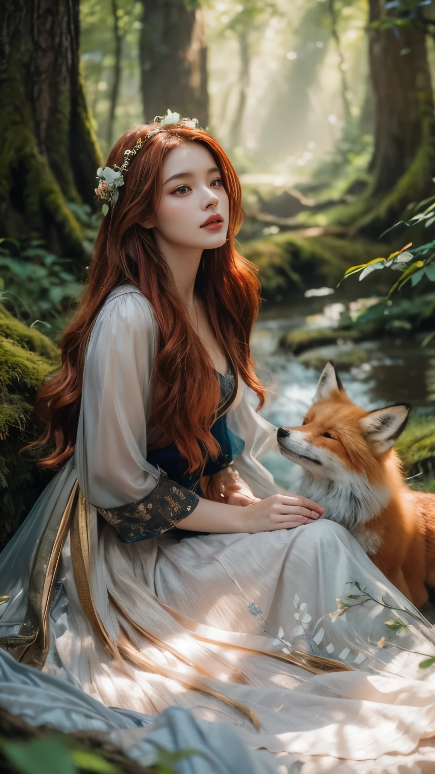 Create a hyper-realistic, enchanting image of a beautiful young woman with long, flowing red hair, wearing an elegant, flower-adorned blue dress. She sits gracefully in a mystical forest, surrounded by a magical, serene atmosphere. Beside her, a majestic red fox with vibrant orange fur sits attentively, looking up at her. The forest is filled with lush greenery, blooming flowers, and soft, ethereal light filtering through the trees, creating a dreamy and fairytale-like setting. The woman's gentle expression and the fox's calm demeanor add to the enchanting mood of the scene.