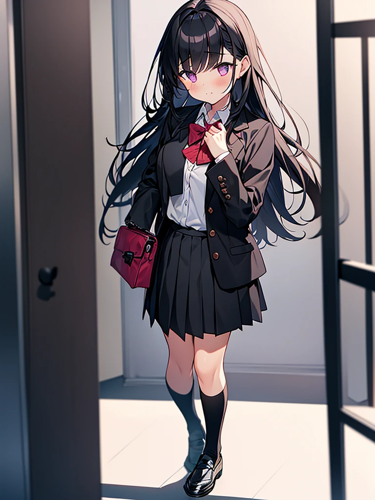 a girl in a holding a cell phone, long hair, blush, bangs, skirt, shirt, black hair, long sleeves, bow, closed mouth, standing, purple eyes, jacket, full body, white shirt, braid, pleated skirt, open clothes, shoes, socks, collared shirt, virtual youtuber, hand up, miniskirt, bowtie, black skirt, black footwear, red bow, open jacket, kneehighs, brown footwear, hand on own chest, black socks, loafers, red bowtie, grey skirt, arm at side, grey jacket