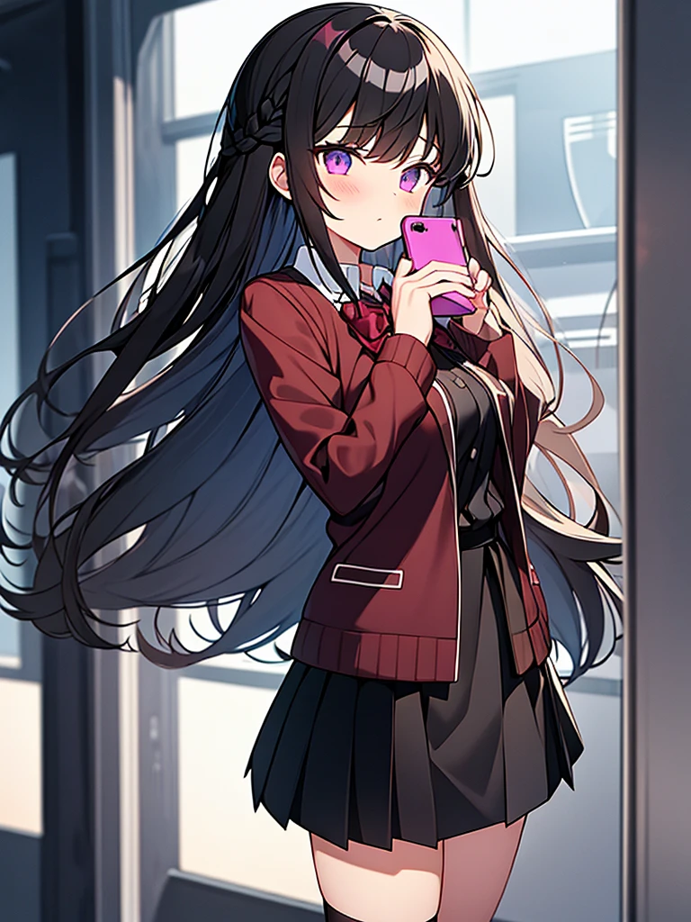 a girl in a  holding a cell phone, long hair, blush, bangs, skirt, shirt, black hair, long sleeves, bow, closed mouth, standing, purple eyes, jacket, full body, white shirt, braid, pleated skirt, open clothes, shoes, socks, collared shirt, virtual youtuber, hand up, miniskirt, bowtie, black skirt, black footwear, red bow, open jacket, kneehighs, brown footwear, hand on own chest, black socks, loafers, red bowtie, grey skirt, arm at side, grey jacket