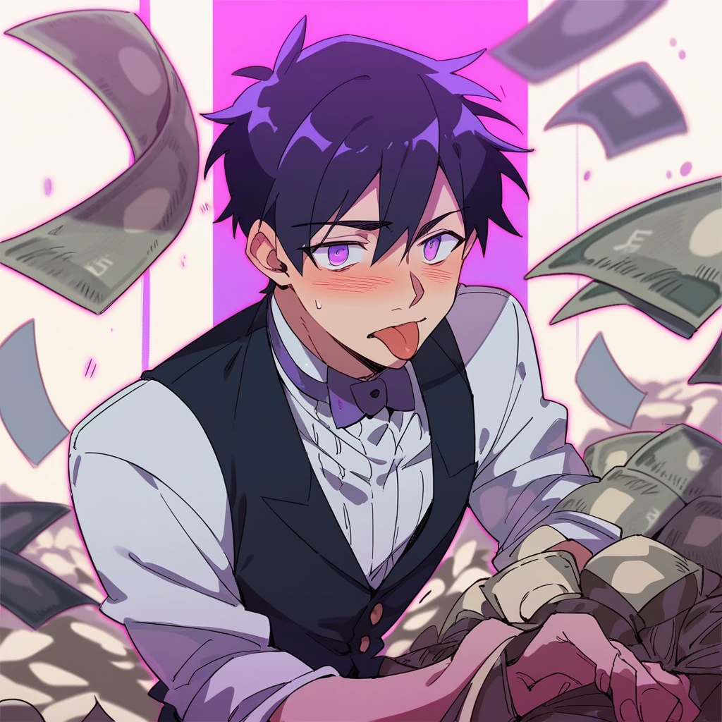 A butler with short black hair and purple eyes, he's blushing with his tongue out and his eyes rolled back . Anime Art Style. A purple light background house with so much money.