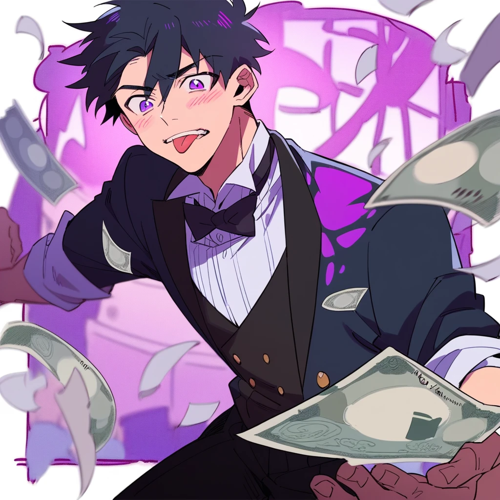 A butler with short black hair and purple eyes, he's blushing with his tongue out and his eyes rolled back . Anime Art Style. A purple light background house with so much money.