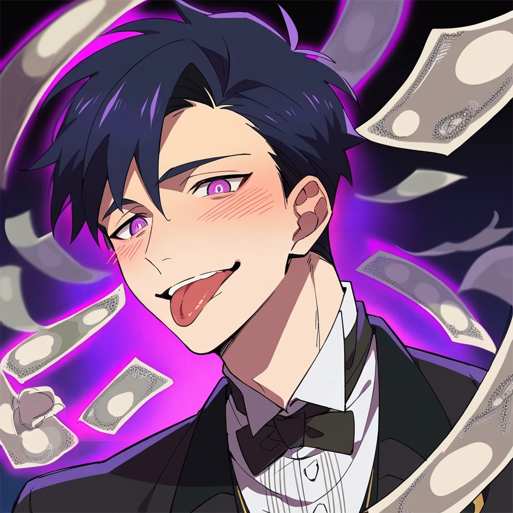 A butler with short black hair and purple eyes, he's blushing with his tongue out and his eyes rolled back . Anime Art Style. A purple light background house with so much money.