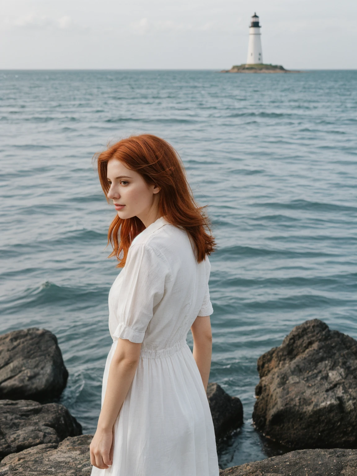 her name is Amelie, high quality, 1girl, ((25-year-old fit Caucasian woman)), ((fit,thin_belly)), ((large_breasts))  ,((25 years old)), ((slim)), ((long auburn hair)),pose: standing, wearing fashionable Generation-Z modern wear different colored, BACKGROUND: "Walking along the Grande Plage, with its beautiful coastline and historic lighthouse."