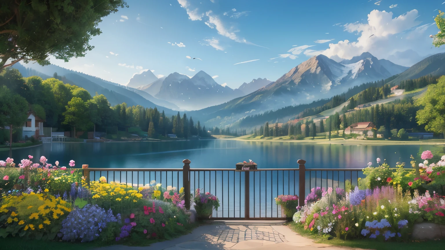 villa, Flowers by the fence, Roadside fence,  Mountain landscape with lake, Birds flying in the blue sky, Illustration Matte Paint,  Thomas Kinkade (Thomas Kinkade) of inspiration, Symmetrical matte paint, Detailed scenery , Original style, 8K ultra-fine