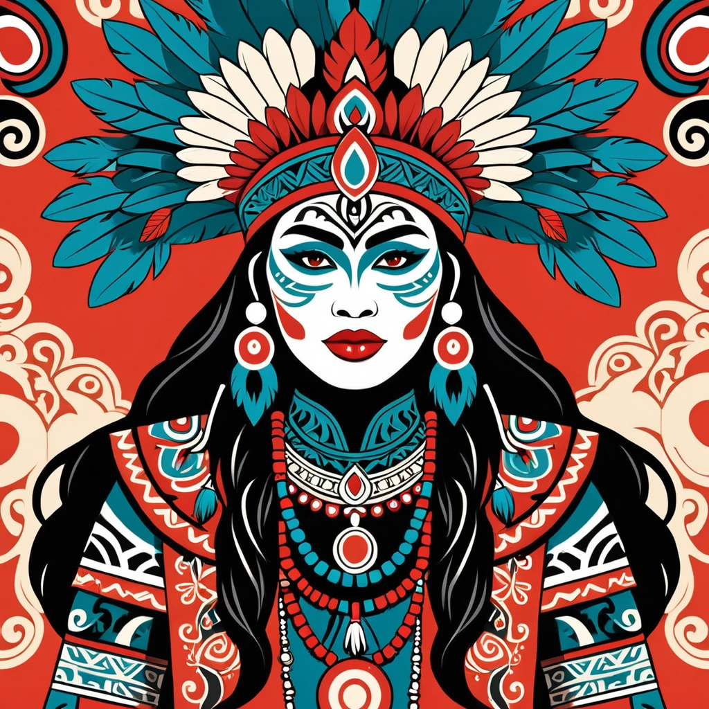 necromancer maori in peruvian folk outfit, vector graphics, strong contours
