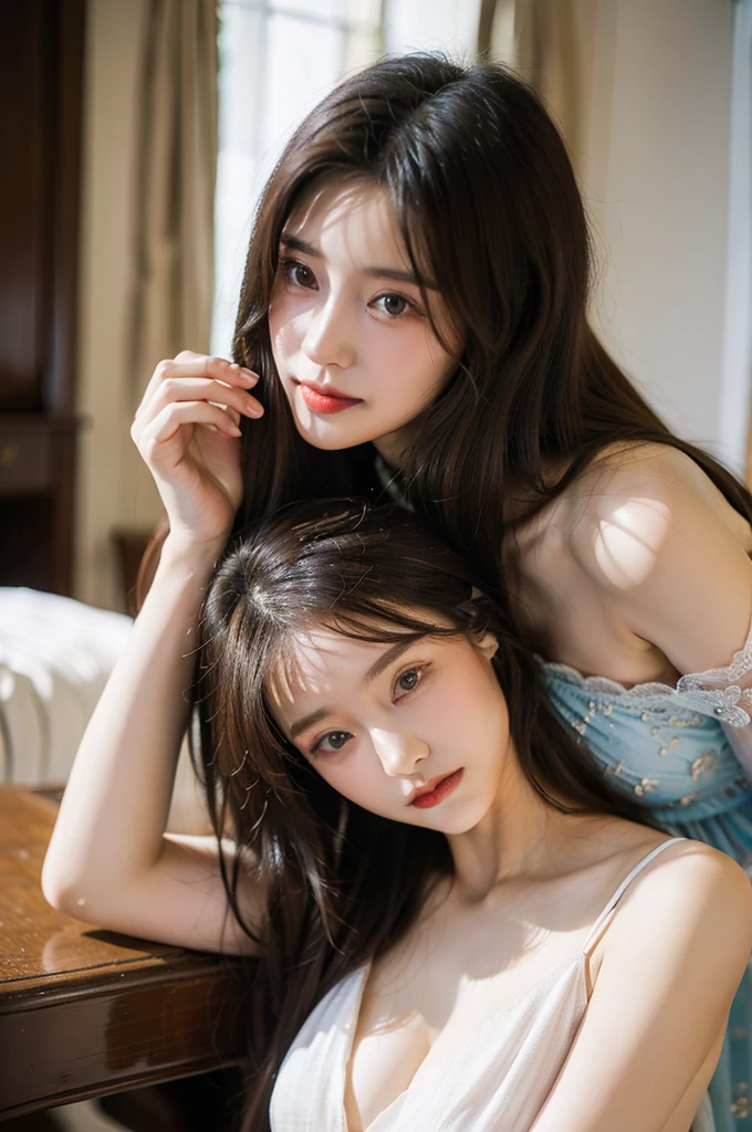 Beautiful and gentle ladies and handsome and cool men,Two people leaning together,Sweet atmosphere,Two people standing in the mansion,Perfect face,bust,Haute couture dresses