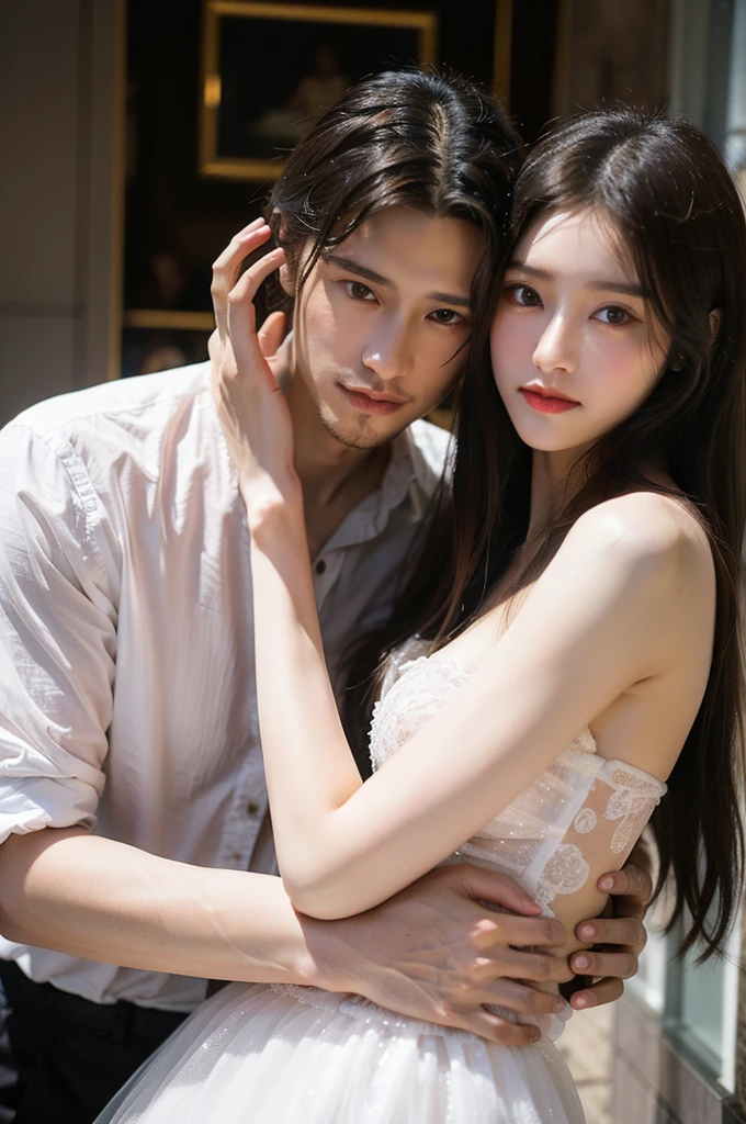 Beautiful and gentle ladies and handsome and cool men,Two people leaning together,Sweet atmosphere,Two people standing in the mansion,Perfect face,bust,Haute couture dresses