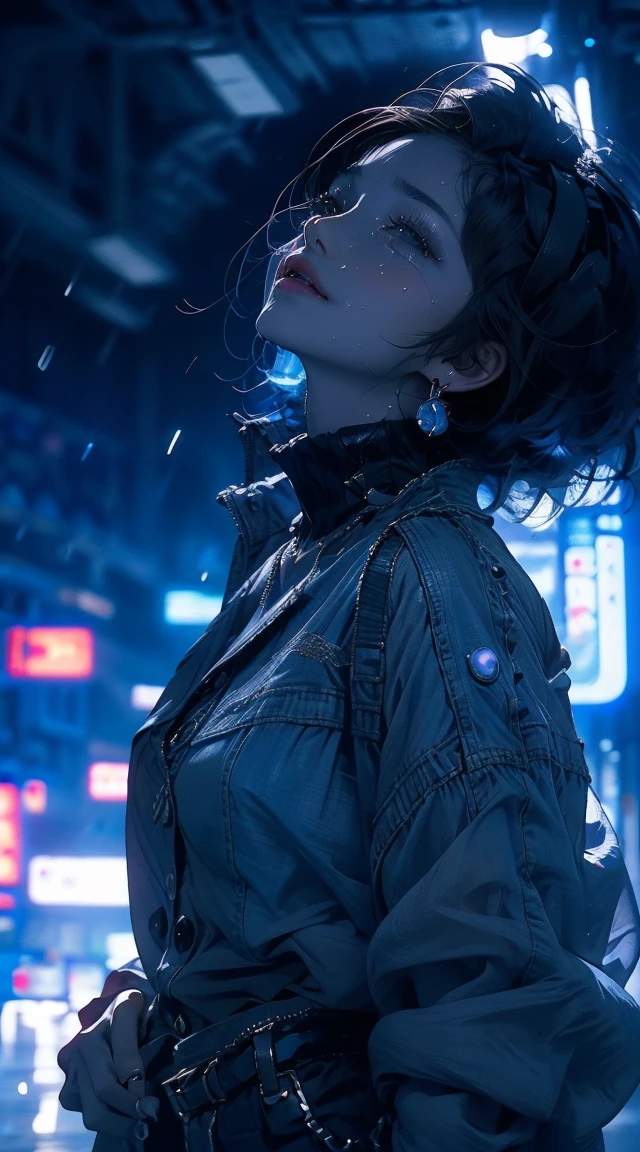 master paintings，optimal quality，rain，adult woman，beauty、very depressive，With short black hair，is crying，Looking up at a cloudy sky、Neon street in the background、neon color is blue.