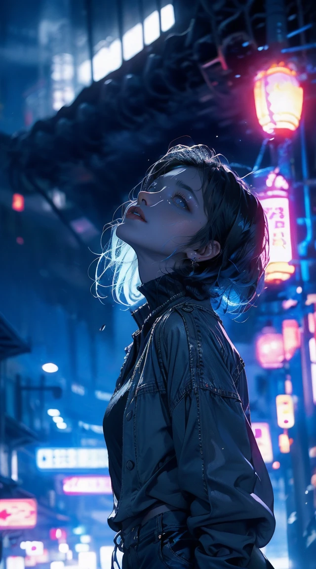 master paintings，optimal quality，rain，adult woman，beauty、very depressive，With short black hair，is crying，Looking up at a cloudy sky、Neon street in the background、neon color is blue.
