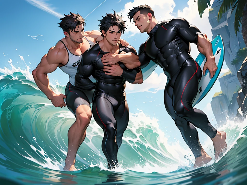 ((masterpiece, best quality, extremely detailed, highres, 8k, detailed face)),4boys,Four male surfers arm in arm, full body description, short black hair, university students