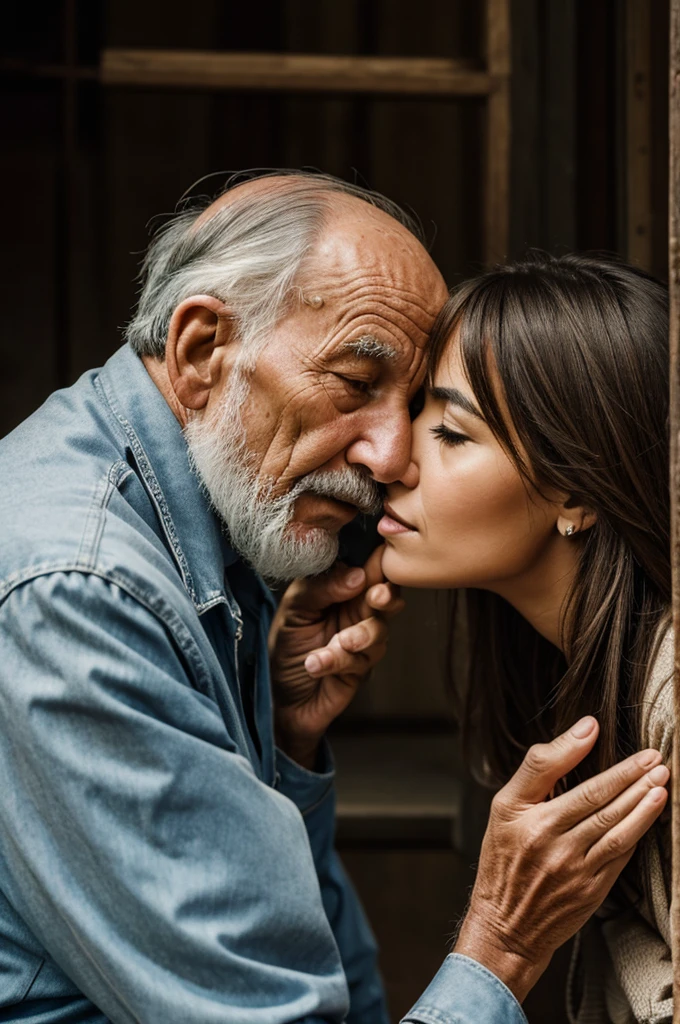 A poor old man sniffs a young woman's hair.