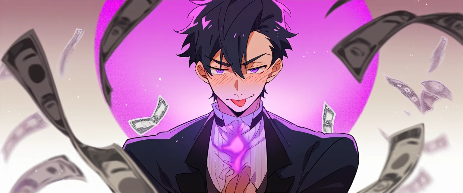A butler with short black hair and purple eyes, he's blushing with his tongue out and his eyes rolled back . Anime Art Style. A purple light background house with so much money.