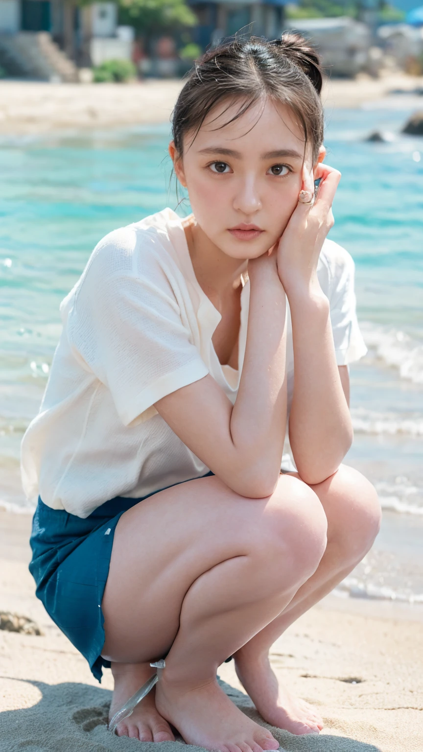 (((Top-down configuration:1.33)))、((No underwear:1.55))、One Girl、Beautiful and detailed eyes and face、barefoot、20 year old cute Japan woman, ((Extremely precise and accurate anatomy:1.0)), (photo Realistic:1.4), (hyper Realistic:1.4), (最高品質のRealisticな肌の質感:1.4), (Improvement of quality:1.4), (Enhances the beauty of skin texture:1.1), Clean and glowing skin, mesh, thin:1.2, (Realistic:1.3), Realisticなライティング, (Smoother lighting:1.05), (Improving the quality of cinema lighting:0.9), Backlight, A gentle light on your face, Ray Tracing, (Bright light:1.2), 32K, One Japanese woman, fine grain, Detailed face, (Film Grain:1.1),(Accentuates body lines:1.1), High resolution, Natural look, Kind eyes, Improves hair quality, Delicate light and shadow, Transparent muscles, Graceful pose, Beautiful Eyes, Sharp details, Soft light reflection, Beautiful contours, Delicate skin tone, Fine hair texture, Natural background, (((sunny day、Beach、A strong wind is blowing、Her hair and skirt are flying、Squat, Traditional navy blue sailor uniform、Open shirt、Pleated skirt、Scooping seawater with hands:1.25、splash、Sandy Beach、Light of the sun、clear blue sea、The waves crash quietly、Blue sky and white clouds、Green Mountain々、Beautiful Nature、The joys of youth)))、
