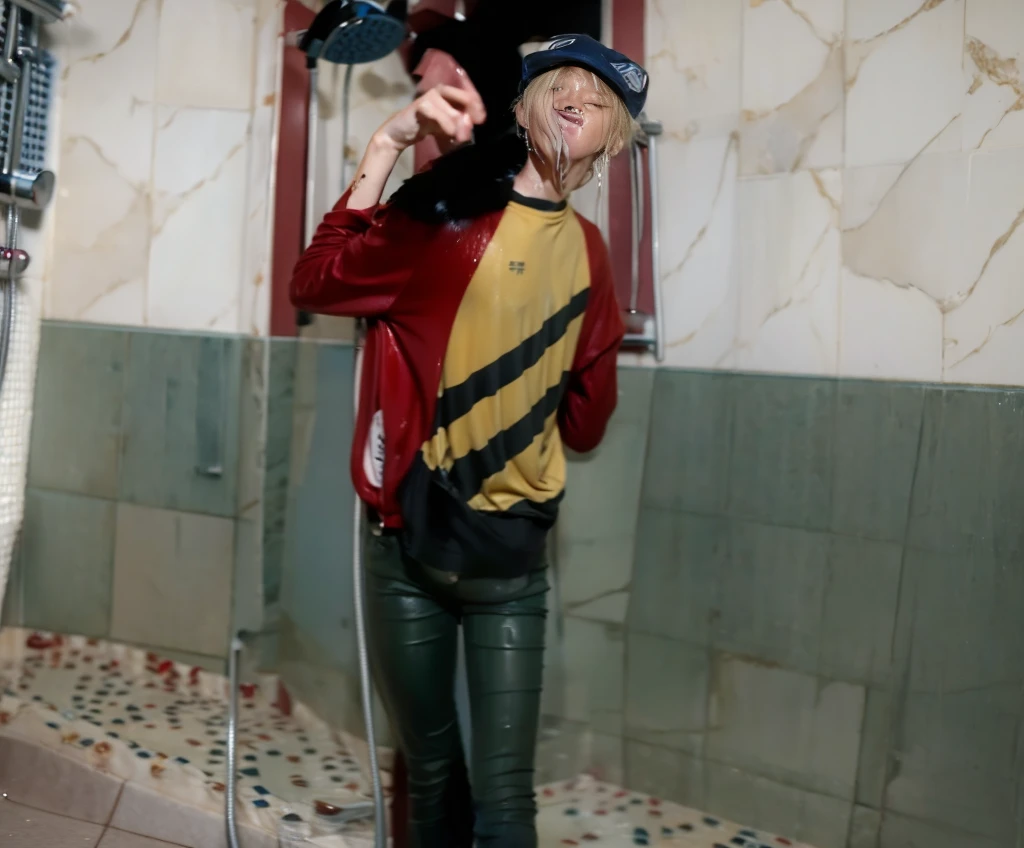 (((30 year old man and blonde woman taking a shower))), skinny jeans, (Water-soaked clothing:1.17), (Best Quality,high resolution,bokeh:1.2),Pronounced wrinkles,,Detailed eyes and face, tshirt, (standing:1.0),(gloomy ecstasy:1.1), Posing, standing in a shower SoakingWetClothes, black Dark Marten boots, show boots, jeans are wrinkled from wetness, ((hugging)), blonde hair