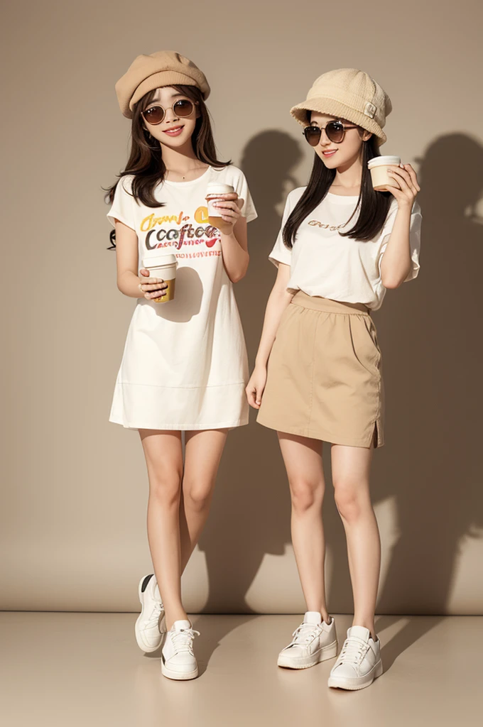 Cartoon chibi style full body portrait rendered using C4D, of happy smiling a cute girl and boy wearing beige hats , sunglasses and white sneakers , holding coffee cups in their hands , with a simple background , using matte clay textures and soft lighting , rich details and best quality .- ar 3:4-- niji 6