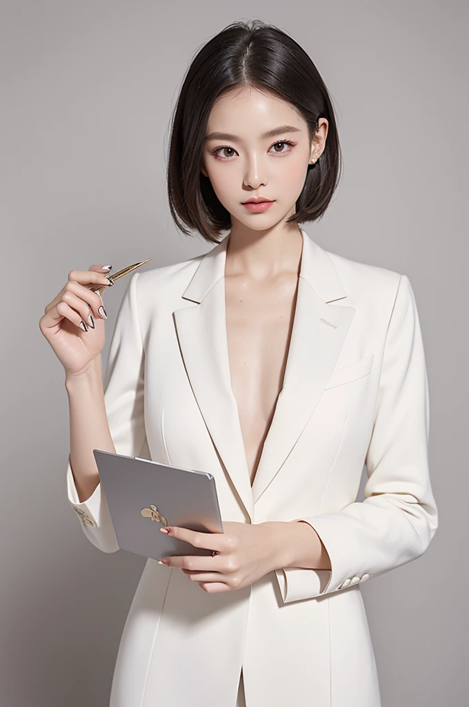 a picture of a beautiful business woman in a white dress shirt and a luxurious grey suit, her nails are pearl white and she is holding a modern and minimal light cream colored notebook that has the golden letter 'RM' on it, studio light, white background, full body shot