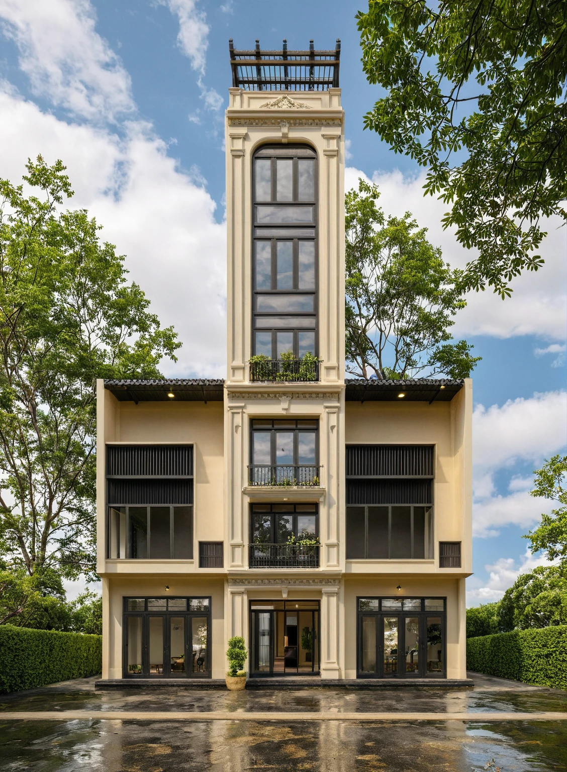 Raw photo,Masterpiece, high quality, best quality, authentic, super detail,
exterior, outdoors, house style indochine on the street ,aiaigroup
road,pavement, grass, trees, sky, cloud, (day:1.1)