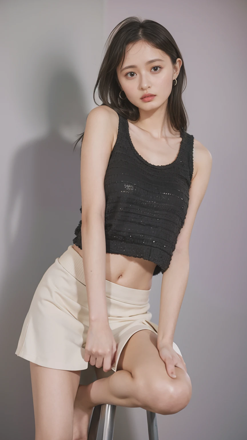 Open shirt, (((Leaning forward))), ((,Round face, Around ,mini skirt、Loose fitting tank top)), Long Hair, , Natural Makeup, Lips become thicker, Sexy Gaze, barefoot, ((Raise one leg)), Shooting from below,Gentle expression ,((Extremely precise and accurate anatomy)), (masterpiece:1.43), Perfect Proportions, Realistic photos, Full Shot, whole body, (height: 165cm),