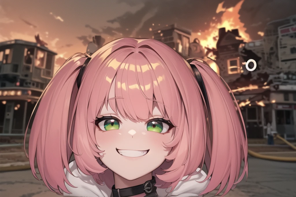 ((IncrsDisasterGirlMeme, fire, smile, outdoors )), HDR,UHD,8K,Highly detailed,best quality,masterpiece, anya_forger_spyxfamily, pink_hair, female_child, , green_eyes, open_mouth, bangs ((looking at viewer,IncrsAnyasHehFaceMeme, grin, smug )),