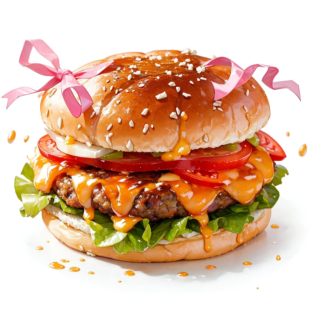 ((masterpiece)), ((Highest quality)), A decadent gourmet burger with perfectly melted cheese and fresh vegetables,With two ribbons,Cute hamburger，Fantasy Creation，Dressed up hamburger,Can be served.