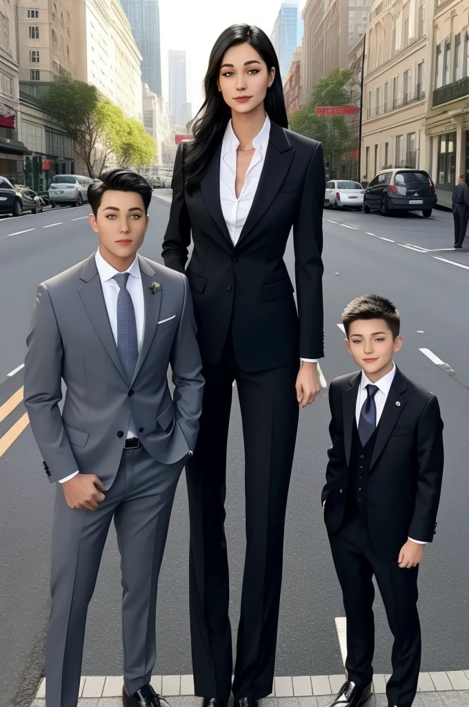 Tall wife in the middle, short husband in the left, short son in the right, beautiful faces, wife is wearing suit and pants, wife has big , wife is showing cleavage, wife is ripped, wife's suit has a belly button cutout, wife has ripped visible abs, make the girls even more taller than the boys, boys are very thin and weak, boys wearing suit and pants, wife is standing barefoot, boys are wearing office shoes