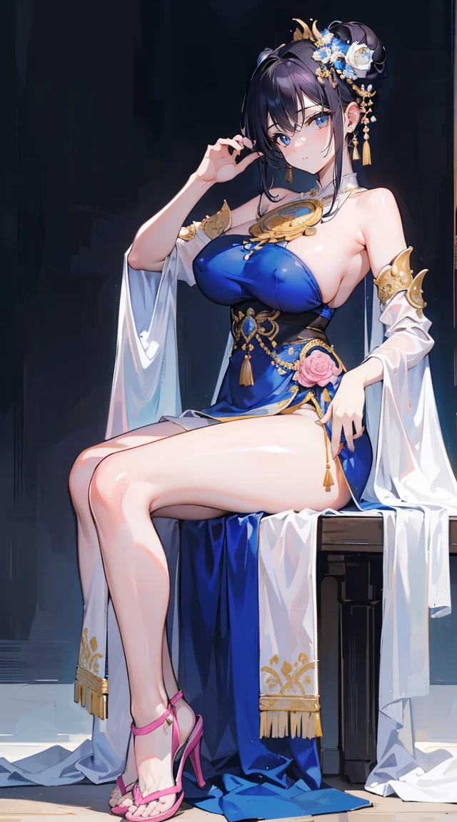 Masterpiece、need、1 woman、blue clothes、Traditional Thai dress, blue strapless、full body photo、ancient thai style、 White cloth buns, steamed buns、black hair、Leaky shoulder、The chest is large.、Long, slender legs、smile、black stockings、ริมฝีปากpinkอ่อน、Embroidered clothing、high-heels,(big tits),sexy, slightly seductive expression, big breasts,Show your breasts,The cracks are clear....,((big tits)),(pubic bone), rift, visible chest,seductive pose,I see bulging nipples.,(((large areolae:1.4,pink,The nipples are clearly visible.......)))