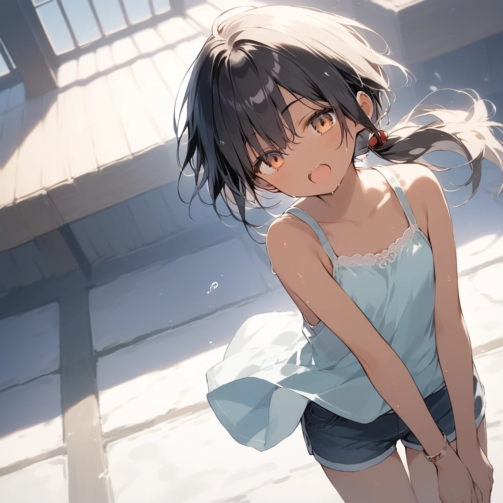 score_9, score_8_up, score_7_up, source_anime, best quality, masterpiece, official art, absurdres, highres, ultra-detailed,waifu2x,Collection: Slice of Life,break,1girl, tomboy, dark-skinned female, short hair, low ponytail, flat chest, beautiful detailed eyes, short shorts, sweat, open mouth, (yawn:0.3), sleepily, outdoors, wind,break,(clear line illustration:1.2), super detailed skin,very high resolution, very aesthetic, Best sexual lighting powered by famous artist, 8k,cute picture,beauty illustration,photoshop_(medium),,(Detailed Lighting),best anime 8k konachan wallpaper, pixiv contest winner,