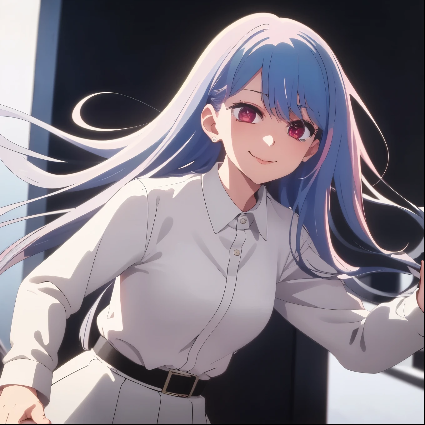 ((masterpiece, best quality)), (1girl), (solo), (female focus), (white hair, long hair), (red eyes), light smile, closed mouth, (white buttoned shirt), ((short black skirt)), bust-up, white background, dynamic angle, 25 year old woman