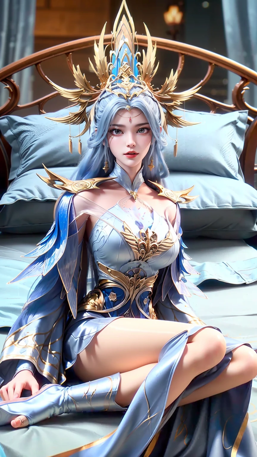 一个女孩Lying in bed，Face up，Raise your legs slightly，Front view super detailed beautiful big breasted girl ************. Ultra HD, 4K, 8K, Movie，whole body，Lying down，Long legs，Very big breasts，whole body捕捉，（（（Lying in bed））），（（（whole bodyLying in bed））），big bed，Off-shoulder，Shoulder to shoulder，Lying in bed，Sleeping on the pillow，Lying down，Headrest pillows，(((Light blue long hair)))，(((Blue Eyes)))