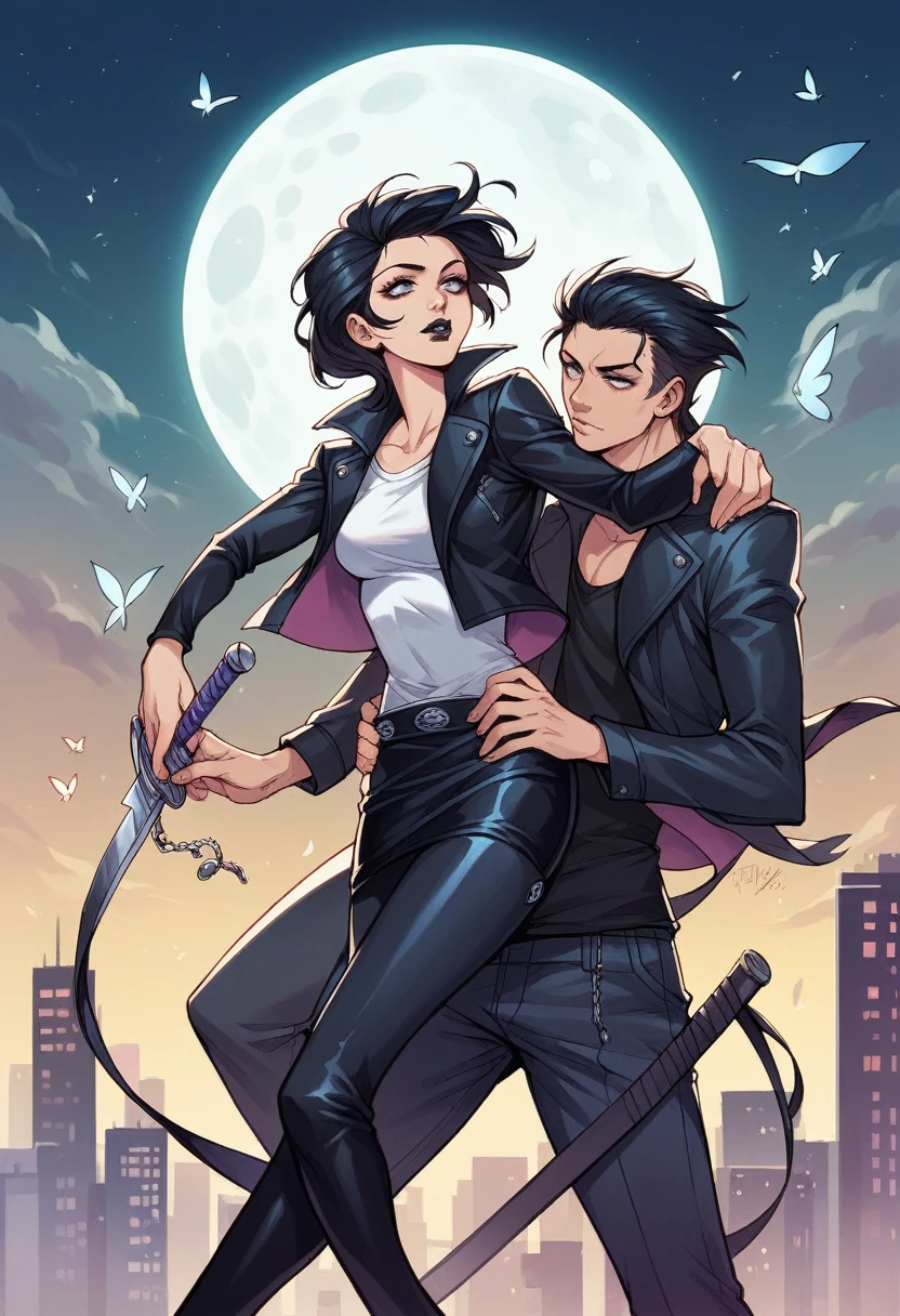!A woman in her 30s with wavy black hair pinned with a butterfly clip, black lips, gray eyes, exuding a beautiful young English Gothic appearance. She wears a tight white top, a black leather biker jacket, a vinyl skirt, and long boots, carrying a large sword. Set in 1950s New York, she stands in the cityscape under the full moon.