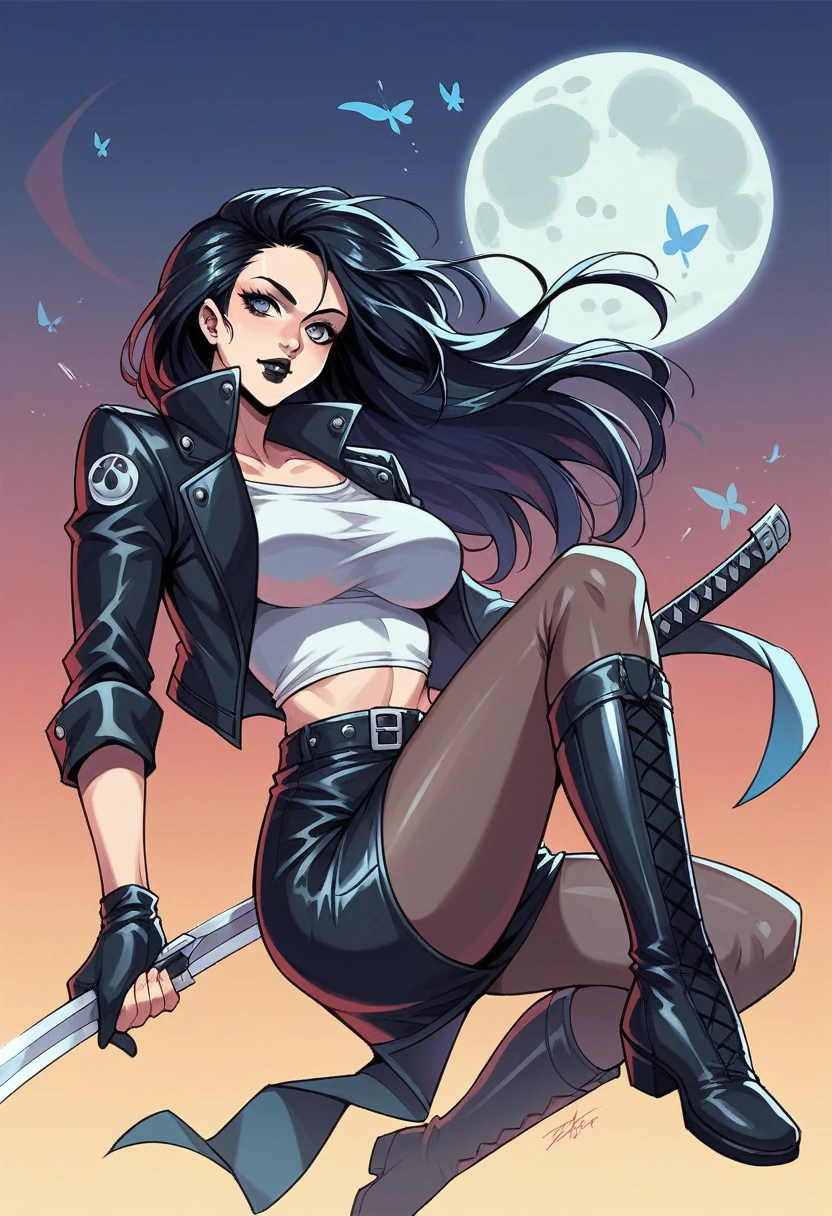 !A woman in her 30s with wavy black hair pinned with a butterfly clip, black lips, gray eyes, exuding a beautiful young English Gothic appearance. She wears a tight white top, a black leather biker jacket, a vinyl skirt, and long boots, carrying a large sword. Set in 1950s New York, she stands in the cityscape under the full moon.