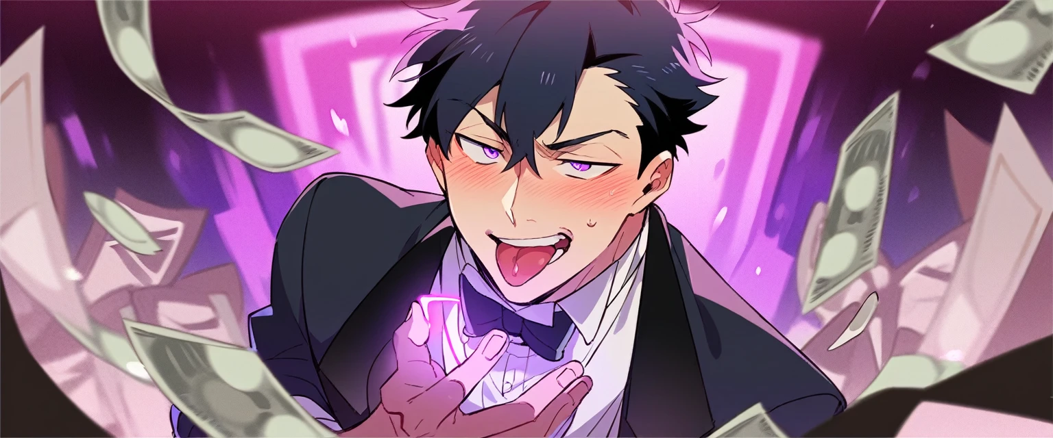 A butler with short black hair and purple eyes, he's blushing with his tongue out and his eyes rolled back . Anime Art Style. A purple light background house with so much money.
