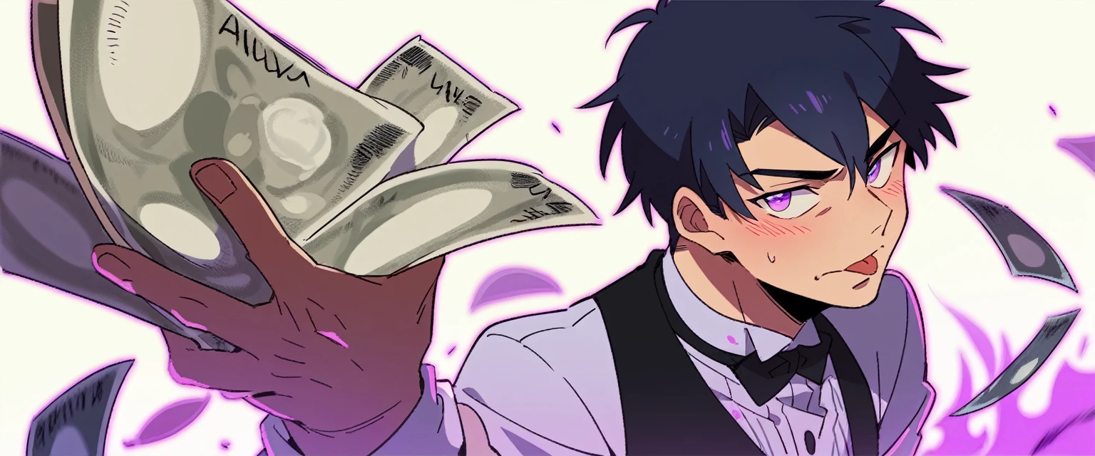 A butler with short black hair and purple eyes, he's blushing with his tongue out and his eyes rolled back . Anime Art Style. A purple light background house with so much money.