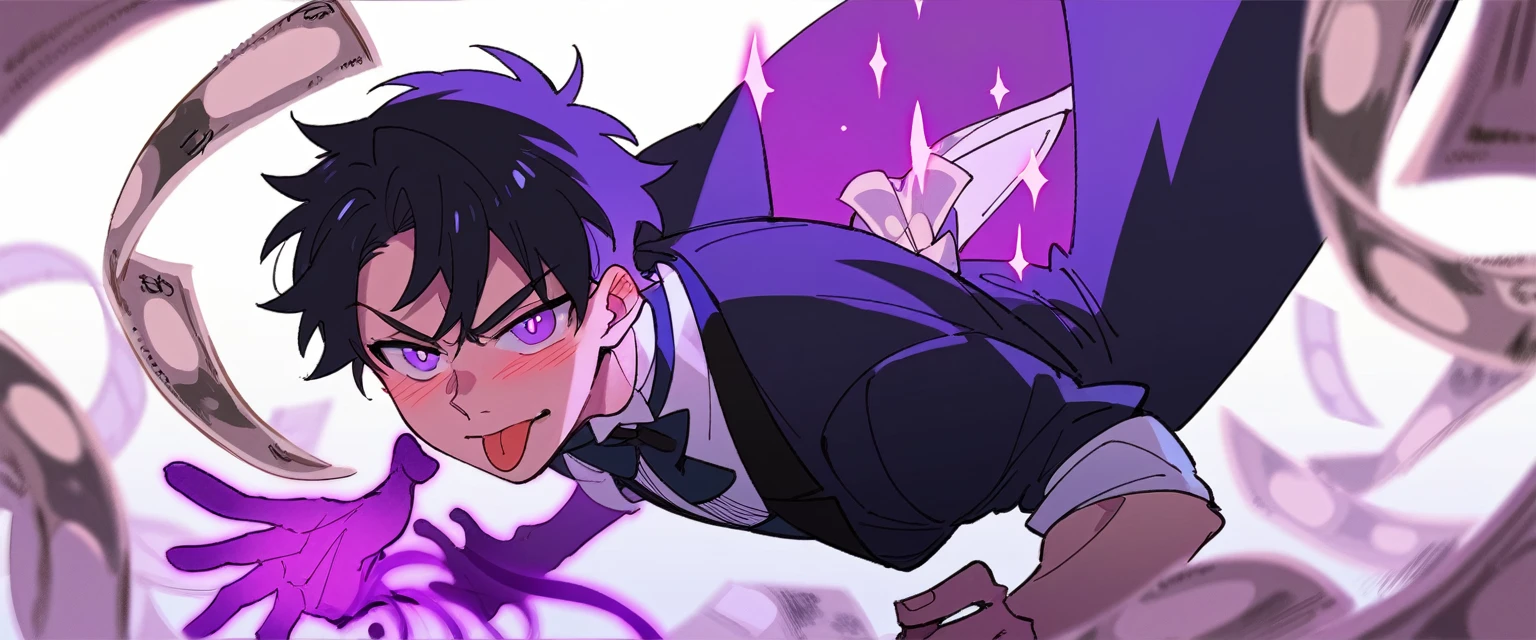 A butler with short black hair and purple eyes, he's blushing with his tongue out and his eyes rolled back . Anime Art Style. A purple light background house with so much money.