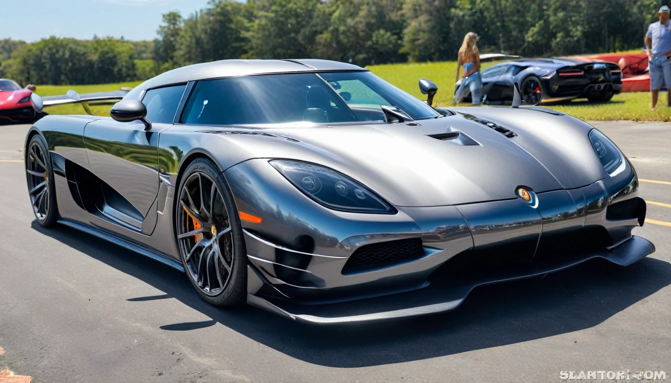 ((A realistic photo of a koenigsegg hyper Car)),gun metal grey color with chrome mag wheels, parked at a race trac on a summers day, best quality, very hi definition, 8k, Surfboards and bikini Girls standing next to the car, (fine detail,)