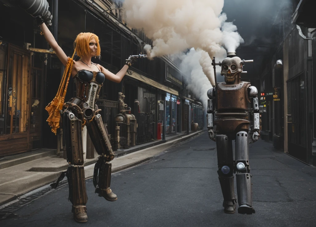 (steam punk)(a mechanical detective, humanoid, piston driven arms & legs, steam vents) walks the streets of the city seeking a wanted criminal
