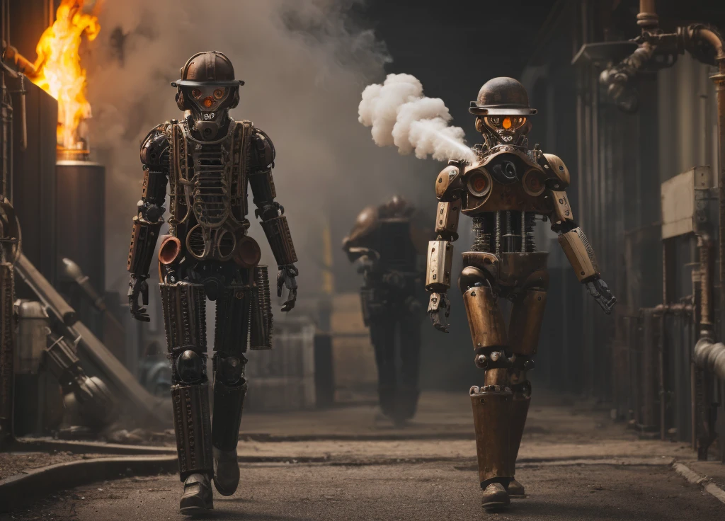 (steam punk)(a mechanical detective, humanoid, piston driven arms & legs, steam vents) walks the streets of the city seeking a wanted criminal