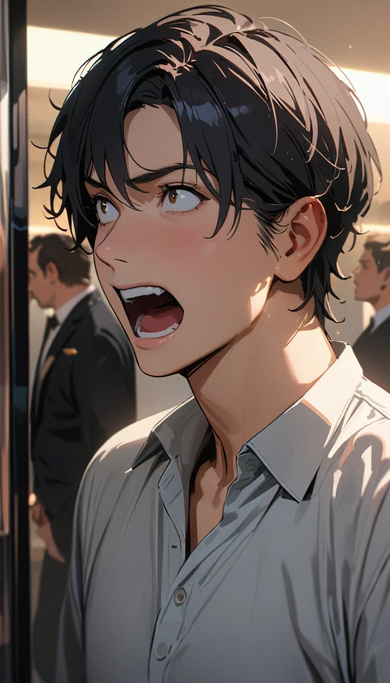 50 years old ,masterpiece , modern, Verism, masterpiece, super detail, best quality, 4K , A handsome man, black hair, short hair, He has his mouth wide open, showing a very surprised expression.