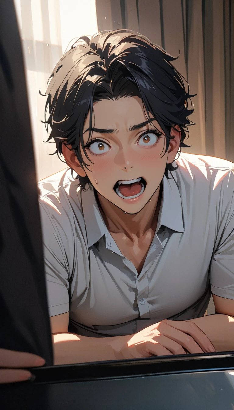 50 years old ,masterpiece , modern, Verism, masterpiece, super detail, best quality, 4K , A handsome man, black hair, short hair, He has his mouth wide open, showing a very surprised expression.