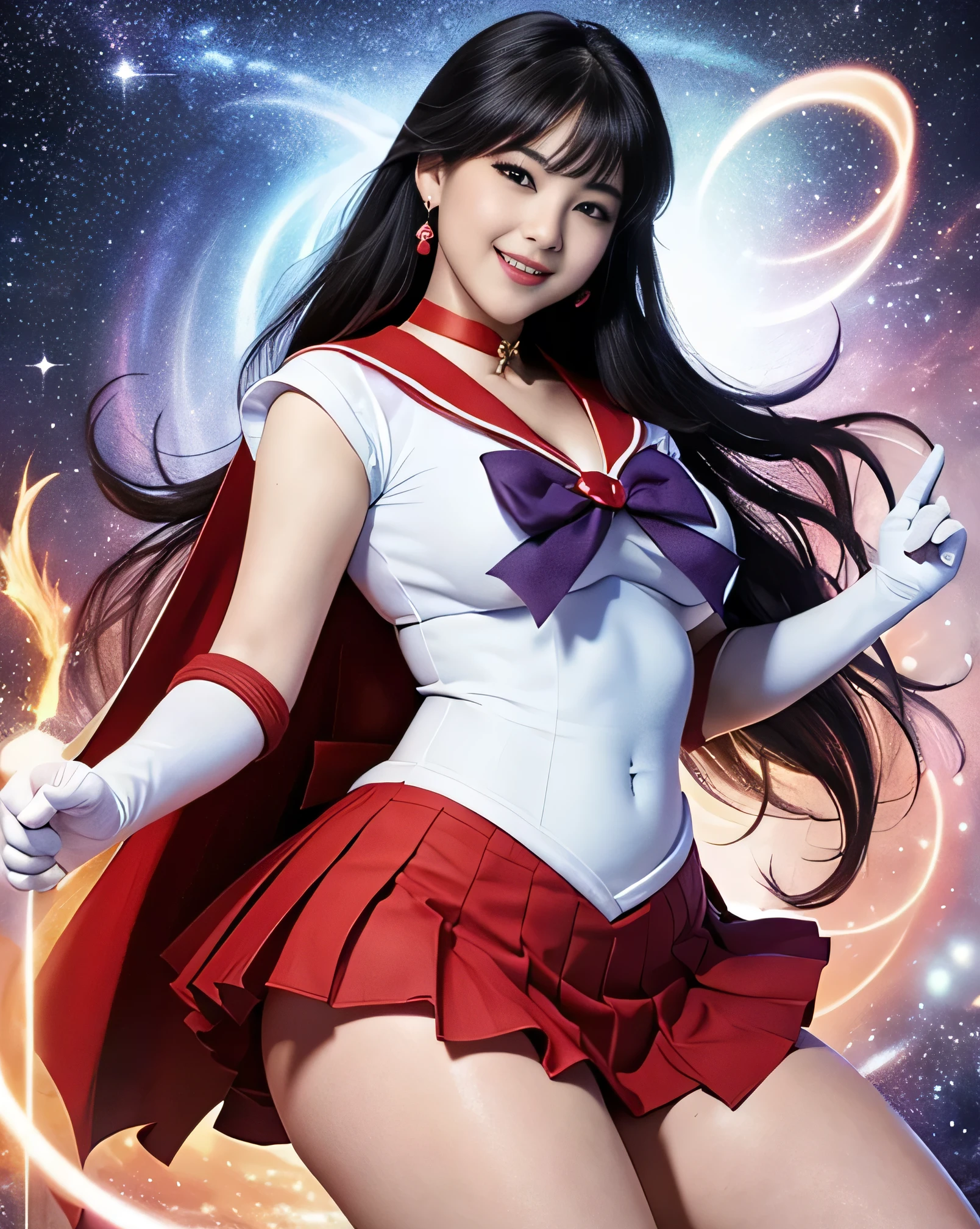 masterpiece,Highest quality,height,Same 1,Crown,Sailor Warrior Costumes,White gloves,Red Sailor Collar,Red Skirt,Star Choker,Elbow hand pockets,Pleated skirt,barefoot,Purple ribbon,smile,,Uptrend,pants,Accentuate your breasts, \(nsf wolf\),Overweight, ((Extremely fat)), ((Chubby)), Japanese, ((twinkle smile))