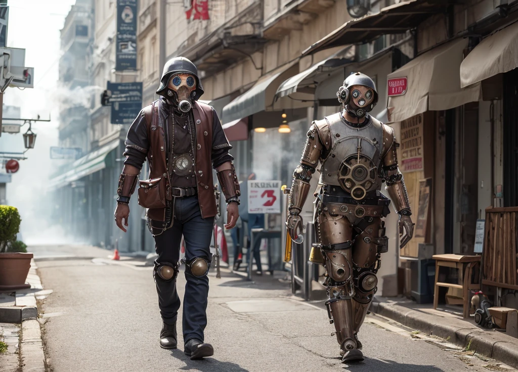 (steam punk)(a mechanical detective, humanoid, piston driven arms & legs, steam vents) walks the streets of the city seeking a wanted criminal