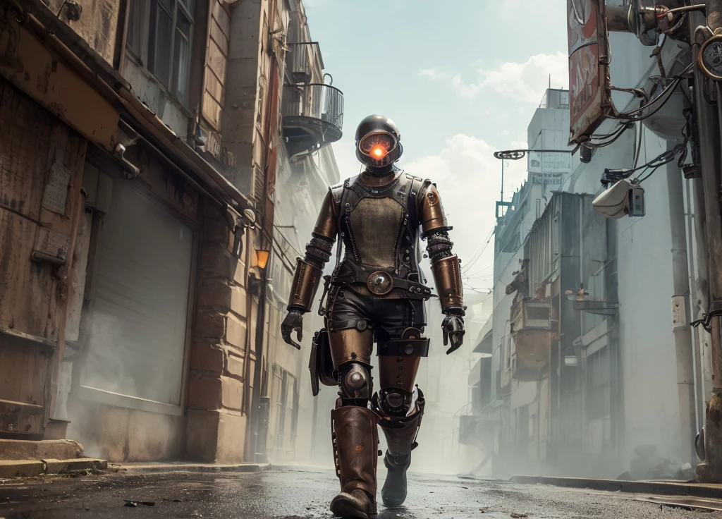 (steam punk)(a mechanical detective, humanoid, piston driven arms & legs, steam vents) walks the streets of the city seeking a wanted criminal