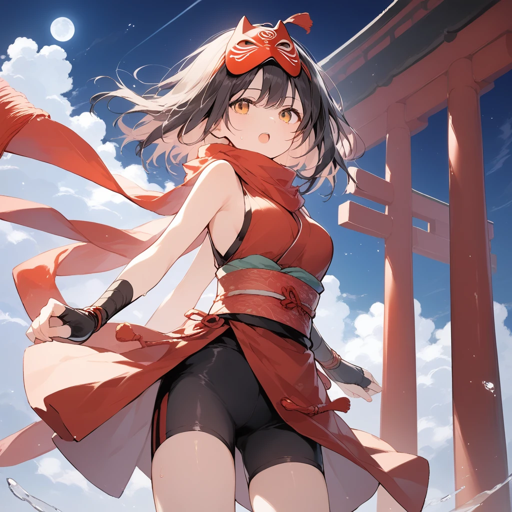 score_9, score_8_up, score_7_up, source_anime, best quality, masterpiece, official art, absurdres, highres, ultra-detailed,waifu2x,Collection: Slice of Life,break,1girl, ninja, noh mask, mask on head, short hair, breasts, beautiful detailed eyes, bike shorts, scarf, sweat, open mouth, expressionless, ninja stance, kunai, outdoors, torii, night, moon, wind,break,(clear line illustration:1.2), super detailed skin,very high resolution, very aesthetic, Best sexual lighting powered by famous artist, 8k,cute picture,beauty illustration,photoshop_(medium),,(Detailed Lighting),best anime 8k konachan wallpaper, pixiv contest winner,