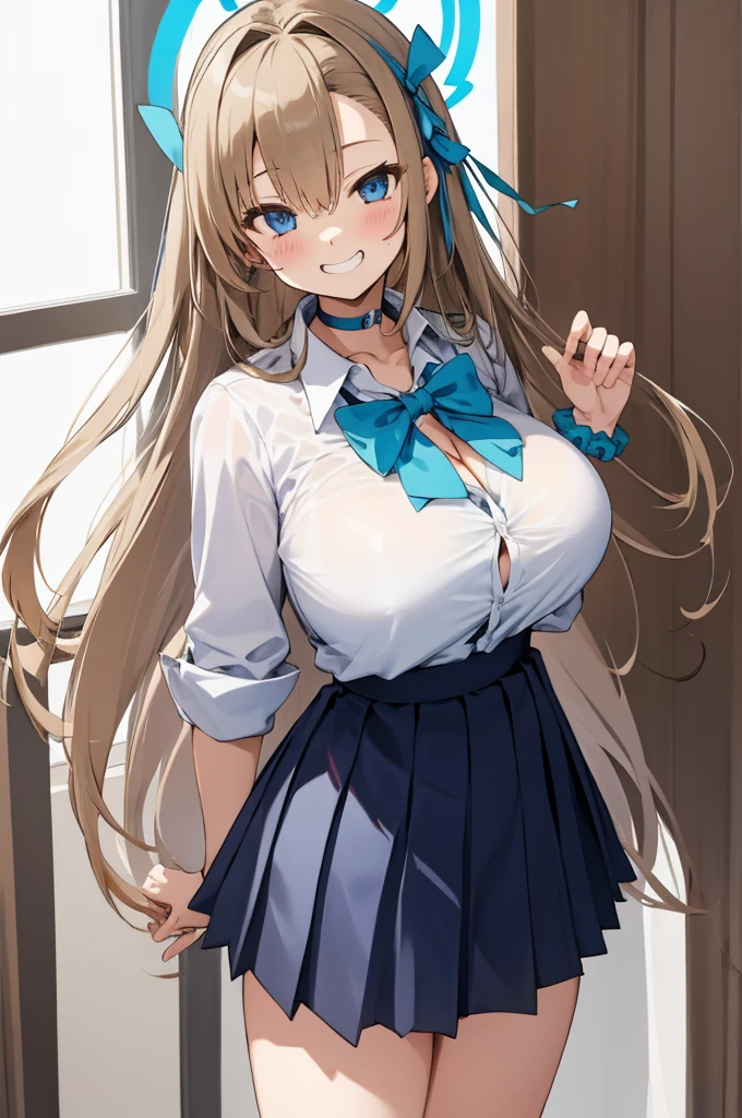 asuna ba, bow, looking at viewer, ribbon, long hair, thighs, collared shirt, light brown hair, mole on breast, smile, wrist scrunchie, huge breasts, leaning forward, hair ribbon, hair over one eye, pleated skirt, white shirt, halo, very long hair, solo, blue eyes, 1girl, shirt, blush, bowtie, choker, white background, skirt, simple background, , cleavage, grin