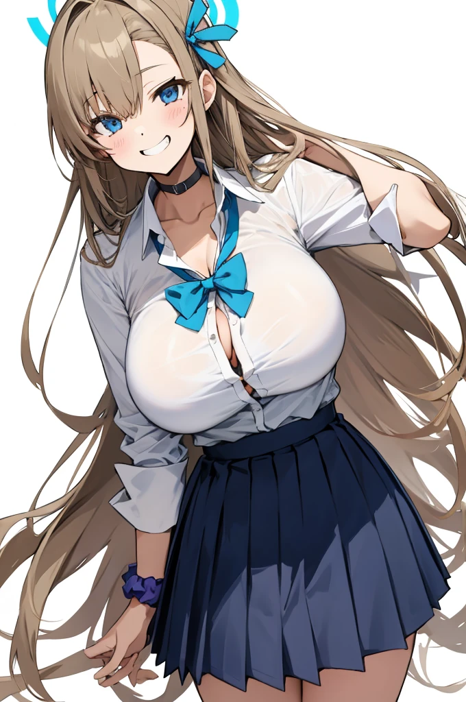 asuna ba, bow, looking at viewer, ribbon, long hair, thighs, collared shirt, light brown hair, mole on breast, smile, wrist scrunchie, huge breasts, leaning forward, hair ribbon, hair over one eye, pleated skirt, white shirt, halo, very long hair, solo, blue eyes, 1girl, shirt, blush, bowtie, choker, white background, skirt, simple background, , cleavage, grin