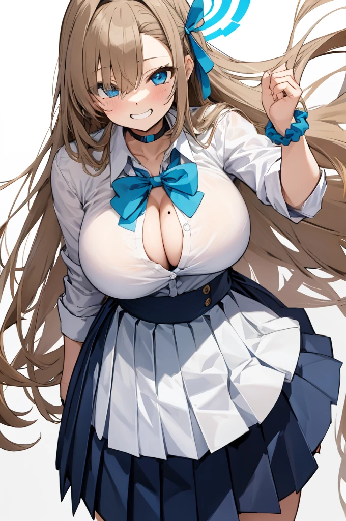 asuna ba, bow, looking at viewer, ribbon, long hair, thighs, collared shirt, light brown hair, mole on breast, smile, wrist scrunchie, huge breasts, leaning forward, hair ribbon, hair over one eye, pleated skirt, white shirt, halo, very long hair, solo, blue eyes, 1girl, shirt, blush, bowtie, choker, white background, skirt, simple background, , cleavage, grin